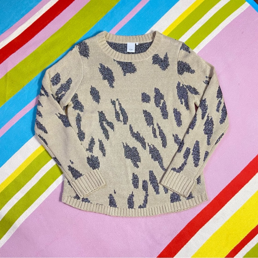 ICHI Womens Golden Silver Animal Print Knit Pullover Jumper Sz Small Oversize - Picture 1 of 8